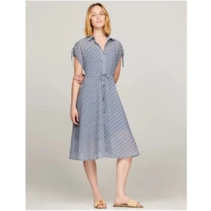 Vestido Tommy Hilfiger Monograma Gasa Midi Nuevo con Etiquetas Para Mujer XS Manga Corta Azul - Imagen 1 de 16