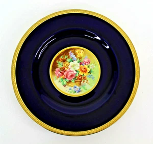CROWN DUCAL WARE #5080 PLATE FLOWERS IN BASKET COBALT BLUE GOLD TRIM 10.5" VTG - Picture 1 of 7