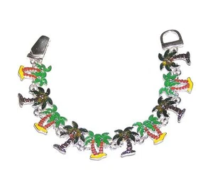 BRACELET 7 1/4" Long Silvertone & Colorful Enamel Links VACATION PALM TREES - Picture 1 of 1