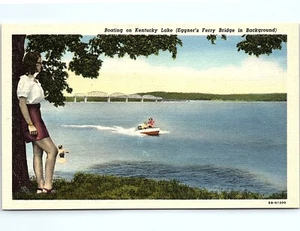 Postcard Boating On Kentucky Lake Eggner's Ferry Bridge Posing Lady Boat 1948 - Picture 1 of 3