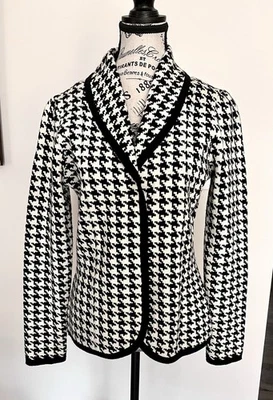 Kenar 黑白 Houndstooth 女式开衫毛衣羊毛混纺 M 码 — 第 1/4 张图片