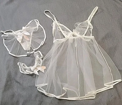 Victorias Secret I Do Bridal Set Babydoll Panty Garter Sheer White Small NWT - image 1 of 4