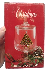 Vintage 1985 Christmas Tree Glass 7.25” Footed Candy Bonbon Jar By Carlton Boxed - Picture 1 of 7