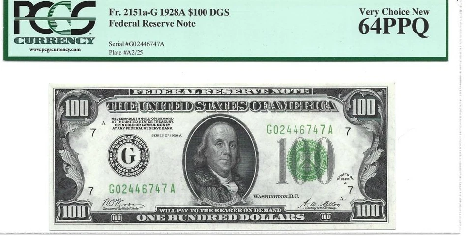 1928A $100 DGS Chicago Federal Reserve Note Woods / Mellon PCGS 64 PPQ - Image 1 of 2