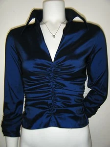 TADASHI Navy Blue Ruched Gathered V-neck Long Sleeve Formal Top Blouse sz. Small - Picture 1 of 8