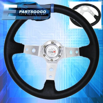 350mm Jdm Deep Dish Black Steering Wheel Silver Aluminum Center Blue Stitching - Imagem 1 de 4