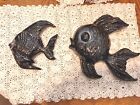 Vintage Lot of 2 Ceramic Black & Gold Fish Wall Hanging Plaques NICE