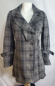 GUESS Gray Plaid Winter Pea Coat Woman's Size Medium No Belt Wool blend. - Picture 1 of 15