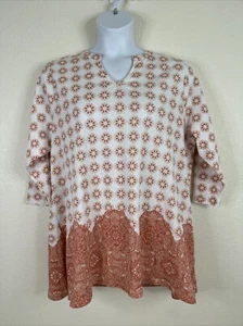 NWT Como Vintage Womens Plus Size 2X Red Boho Mosaic V-neck Top 3/4 Sleeve - Picture 1 of 11