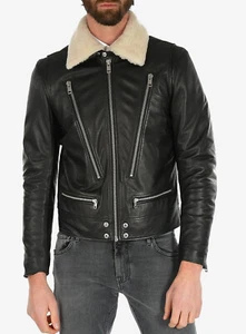 $1280 Designer DIESEL Men's Black Zip Detailing Aviator Biker Leather Jacket L - Picture 1 of 11