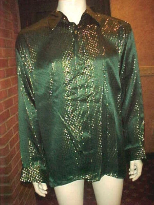 НОВЫЙ С ЯРЛЫКАМИ МУЖСКИЕ SETA ШЕЛК ЗЕЛЕНЫЙ С ЗОЛОТОЙ МЕТАЛЛИЧЕСКИЕ ТОЧКИ РУБАШКА РАЗМЕР XLARGE ТОНКИЙ - Изображение 1 из 4