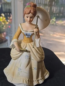 Porcelain Figurine Victorian Woman with Umbrella Lace Skirt Vintage 8.25" - Picture 1 of 8