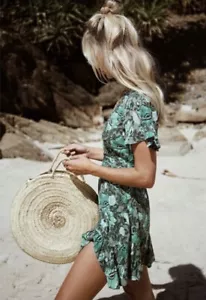 SPELL DESIGNS Dress Size S Green Floral Short Sleeve Pockets Rayon "Winona" Mini - Picture 1 of 8