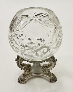 Vtg. Godinger Crystal Centerpiece Globe Bowl W/ Silver Plated Display Stand 4”