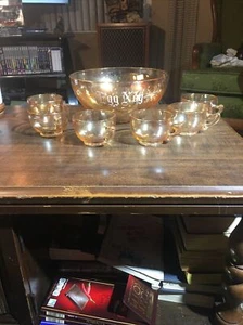 EGG NOG SET Punch Bowl~ Marigold Carnival Glass ~ Gorgeous! 6 Cups 1 Bowl - Picture 1 of 1