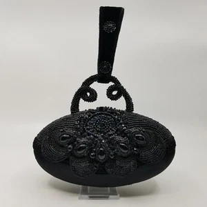 Mary Frances Beaded Jeweled Oval Handbag Hard Shell Evening Bag Black - Picture 1 of 15