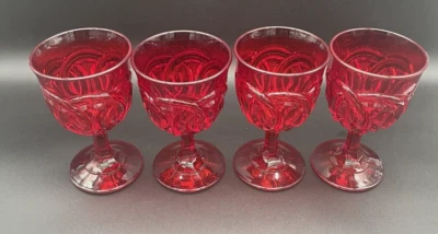 VTG LG Wright Glass Fenton Double Ring Ruby (GLOW) 8 oz Water Goblets Set  of 4 - Image 1 of 4