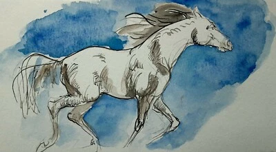 Caballo corriendo acuarela original, dibujo a tinta, equino ecuestre, semental, animal Foto 1 de 4