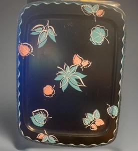 Bandeja de TV de metal vintage Mid Century CAL DAK negro turquesa rosa hojas MCM - Imagen 1 de 4