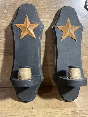 Wood Pair Wall Sconces & Candle Holders Rustic Chic Decor Farmhouse 13” star - Image 1 of 4