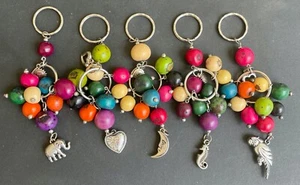 5 Peruvian Keychains Charm Acai Seed Beads Colorful Alpaca Silver Peru Lot - Picture 1 of 7