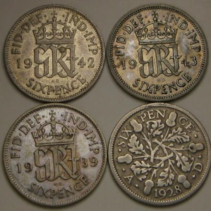 GREAT BRITAIN 6 Pence 1928, 1939, 1942 & 1943 - 4 Coins - Silver 0.5 - 1484 * - Picture 1 of 2