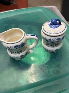 Vintage Blue Onion Porcelain Creamer Pitcher and Sugar Bowl w/Lid Crossed Arrows - Picture 1 of 3
