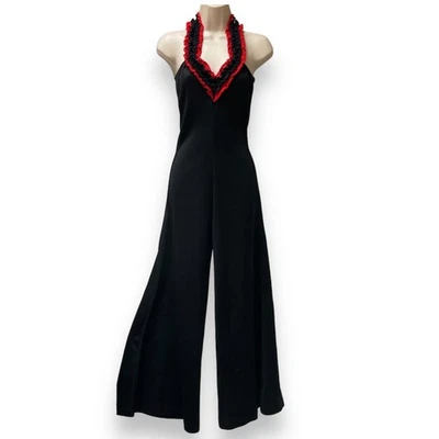 Vintage 70s Black & Red Ruffle Backless Knit Bellbottom Jumpsuit Studio 54 Disco - Image 1 of 4