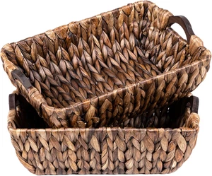 Wicker Storage Basket with Wood Handles, 2Pack Brown Wicker Basket for Organizin - Picture 1 of 8