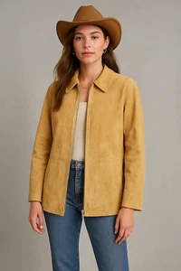 Bernardo Suede Jacket Womens M Yellow Gold Zip Western Rustic Cowgirl Equestrian - Picture 1 of 16