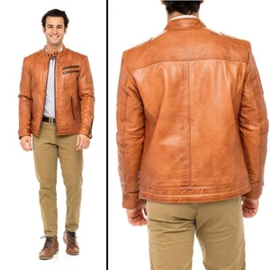 Cafe Racer Biker Leather Jacket Camel Soft Sheepskin Motorcycle Leather - Picture 1 of 7