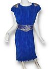 Vintage 1980's Royal Blue Beaded Crinkle Pleated Dress Sz 6 MINT! Tea Length