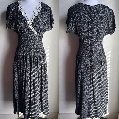 All that Jazz Vintage Black White Floral Lace Bib Trim Midi Dress Cottage S/M - Image 1 of 4