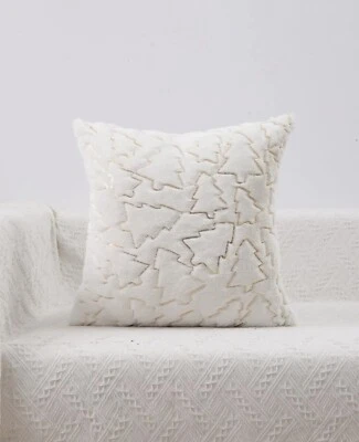 Set Of 2 White Furry Plush Faux Fur Gold Sequins Christmas Trees Cushion Cover - Image 1 of 4