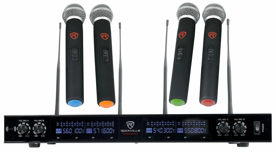 Rockville RWM90U Quad UHF Handheld Wireless Microphone System w/LCD+Metal Casing - Image 1 of 4