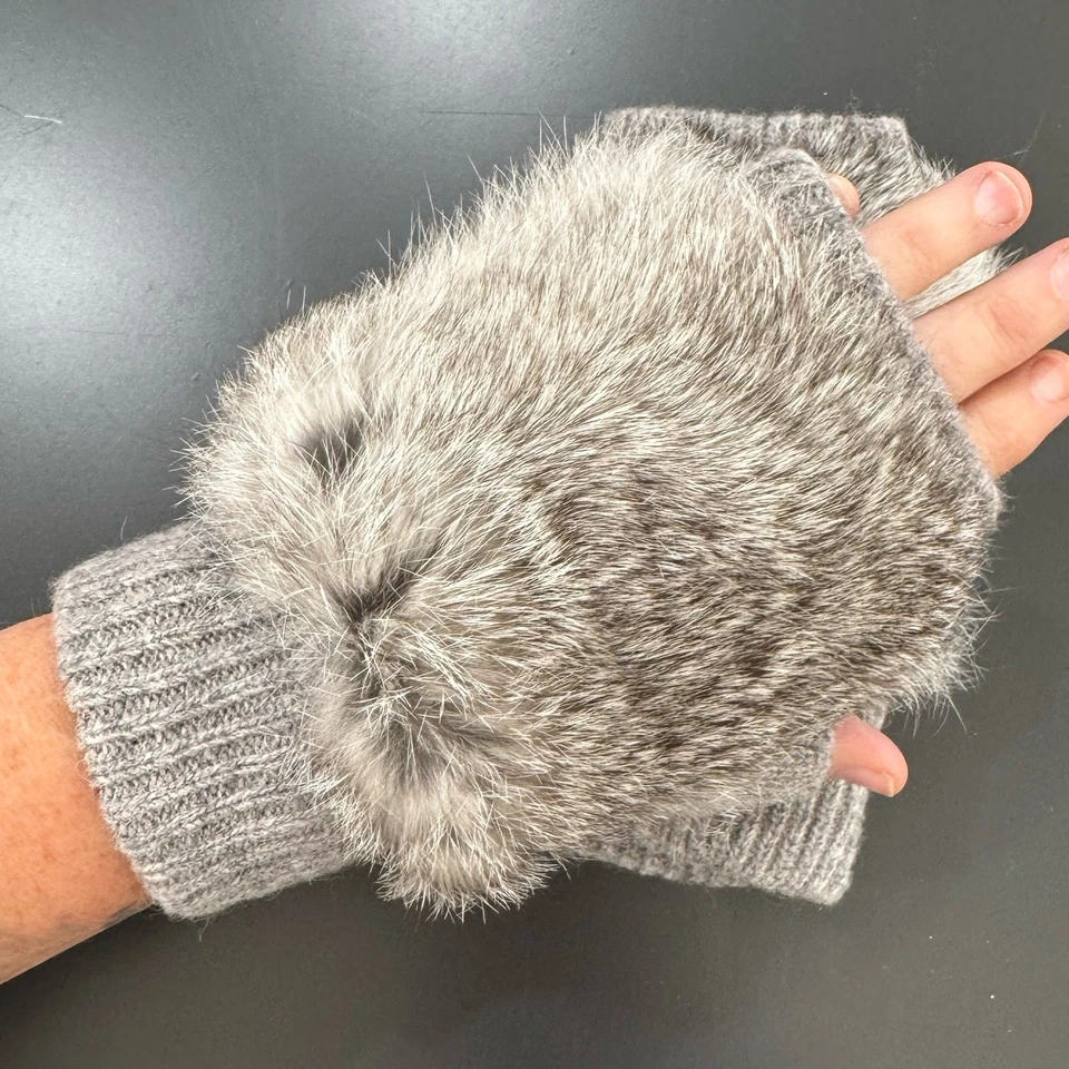 ADRIENNE LANDAU Silver Gray Rabbit Fur Wool Fingerless Gloves Mittens - Image 1 of 4