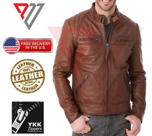 Men's Real Lambskin Soft Brown Leather Classic Slim Fit Motorcycle Biker Jackets - Picture 1 of 3