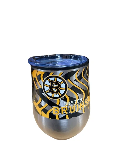 BOSTON BRUINS NHL Curved Stainless Steel Stemless Wine Mug Glass Lid 11oz NEW Cover