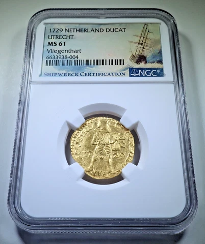 NGC MS-61 Vliegenthart Shipwreck 1729 Netherland Gold Ducat BU Treasure Coin Cover