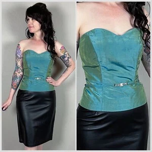 Vintage 1990s Teal and Gold Iridescent Silk Strapless Sweetheart Top - S/M - Picture 1 of 6