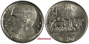 Italy Vittorio Emanuele III 1925 R 50 Centesimi Plain Edge aUNC KM#61.1  (345) - Picture 1 of 3