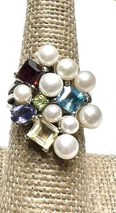 Ross Simons 925 Sterling Silver Multi Gemstone Pearl Cluster Ring Size 6-1/4 - Picture 1 of 3