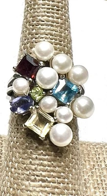 Ross Simons 925 Sterling Silver Multi Gemstone Pearl Cluster Ring Size 6-1/4 - Image 1 of 3