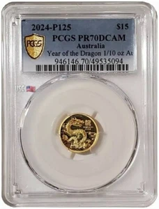 2024 1/10 Oz GOLD $15 Australia YEAR OF THE DRAGON PCGS PR70DCAM Proof Coin. - Picture 1 of 18