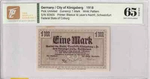 1918 Germany/City of Konigsberg 1 Mark TQG 65 EPQ Gem UNC - Picture 1 of 2