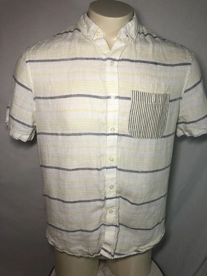 MICHAEL BASTIAN 100% Linen Yellow / Grey Stripe Casual Short Sleeve Shirt Sz M/M - Image 1 of 4