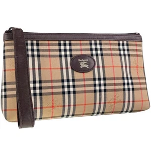 Burberry Fabric Leather Nova Check Beige Brown Pouch 2527 - Picture 1 of 18