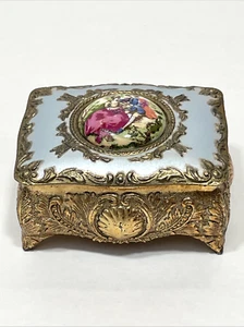 Vintage Gold Tone Ornate Trinket Jewelry Box Casket Ceramic Courting Couple READ - Picture 1 of 22