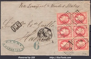 FRANCE BANDE DE 3x2 N°32 SUR LETTRE POUR LA HAVANE AMBULANT BP1° DU 31/03/1869 - Picture 1 of 2