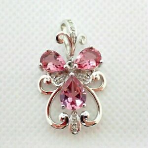4Ct Pear Cut Lab Created Pink Tourmaline Art Deco Pendant 14K White Gold Plated